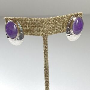 Vintage‎ 925 Sterling Earrings Shube Dakota West Purple Oval Amethyst Hammered